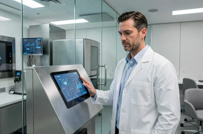 Professionnel de santé tenant une tablette avec données numériques dans un espace d'innovation médicale moderne