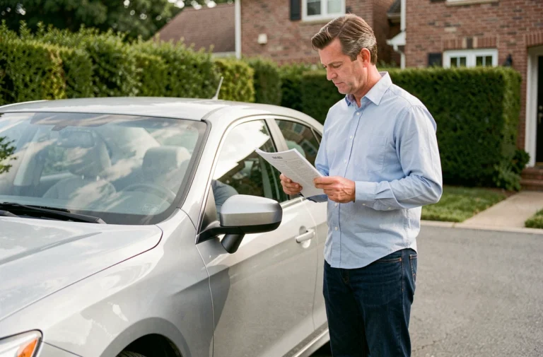 Homme inspectant une voiture d'occasion dans une allée résidentielle avec une liste de vérification en main
