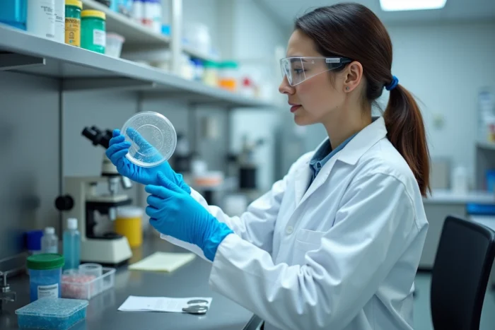 Inspectrice sanitaire en blouse blanche examinant une culture bactérienne en laboratoire, dans le contexte de l'analyse de la bactérie Bacillus cereus