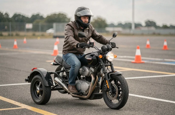 Instructeur moto en veste cuir conduisant un trois-roues à double roue arrière sur un circuit d'entraînement