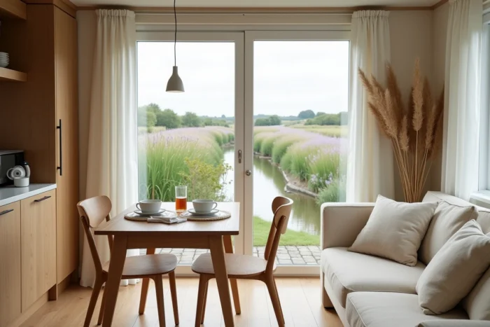 Intérieur d'un mobil-home en Vendée avec vue panoramique sur un canal et décoration chaleureuse