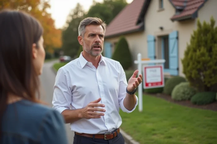 Agent immobilier présentant une maison individuelle à un acheteur potentiel lors d'une visite de bien en France