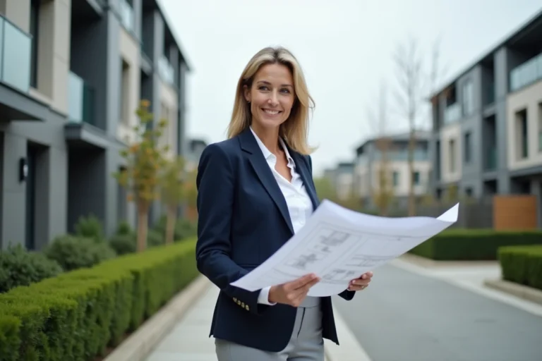Femme professionnelle examinant des plans architecturaux devant un immeuble résidentiel moderne pour un investissement immobilier
