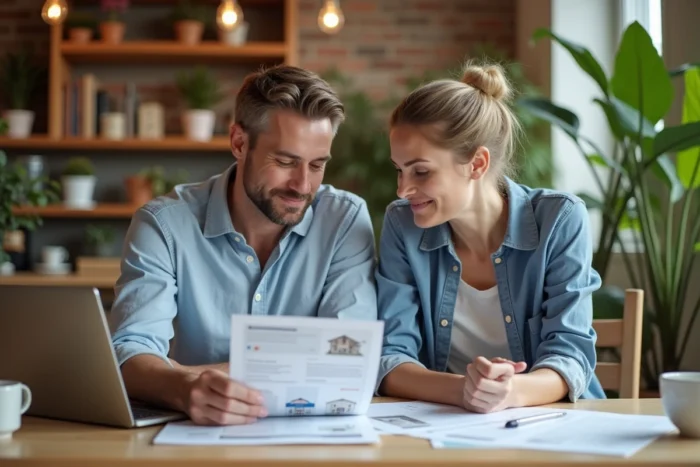 Couple étudiant des documents immobiliers et des annonces en ligne à la maison pour préparer un investissement