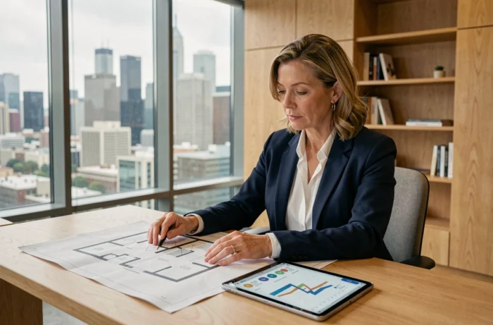 Femme investisseuse immobilière analysant des plans et des tendances du marché dans un bureau moderne avec vue sur la ville