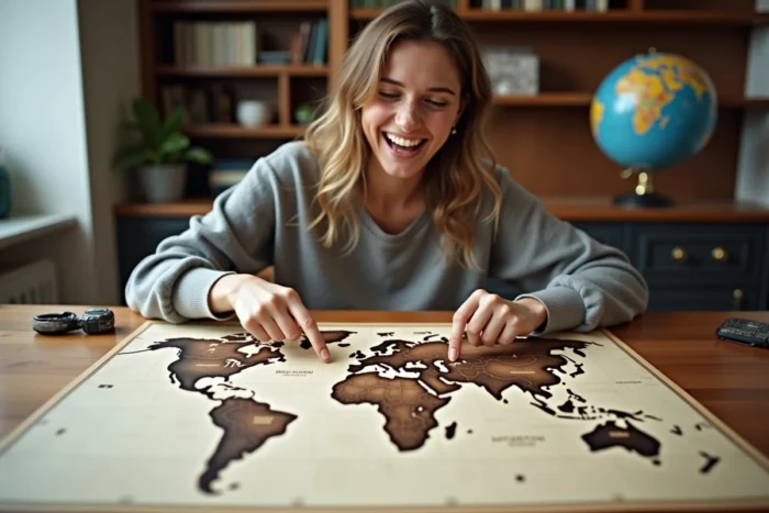 Femme riant devant une carte du monde avec des noms de lieux humoristiquement détournés par des jeux de mots géographiques