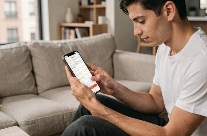 Jeune adulte remplissant un formulaire PDF en ligne sur smartphone depuis son canapé à la maison
