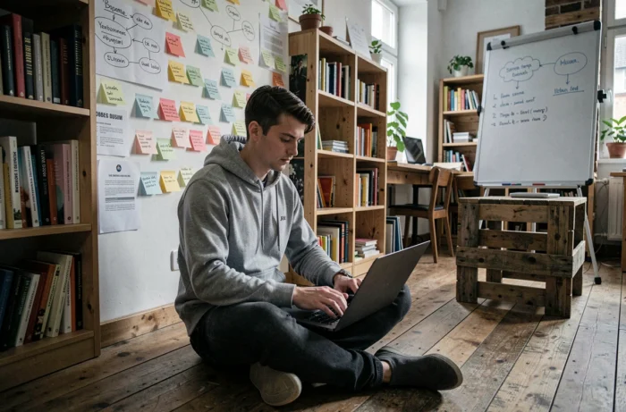 Jeune entrepreneur travaillant depuis son loft créatif à Gand entouré de notes de planification stratégique