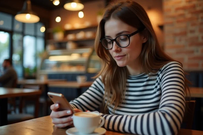 Jeune femme cherchant une nouvelle adresse sur son smartphone dans un café indépendant