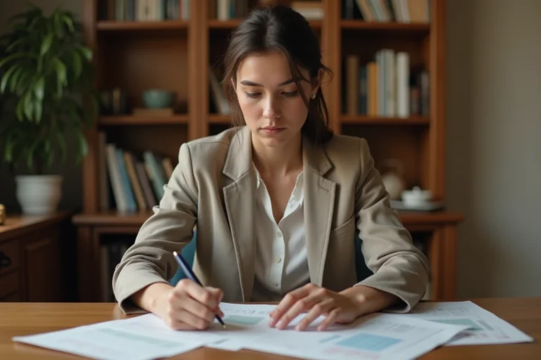 Jeune femme adulte consultant des documents juridiques à son bureau pour entamer une démarche de désolidarisation familiale