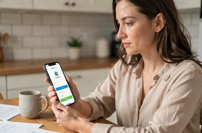 Jeune femme utilisant Mon Proxima sur smartphone à la cuisine pour gérer en toute sécurité les démarches liées à une tutelle