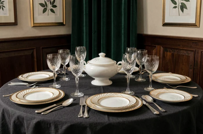 Table de mariage avec vaisselle de location de caractère : assiettes Art déco dorées, cristal gravé et couverts en argent massif sur nappe anthracite