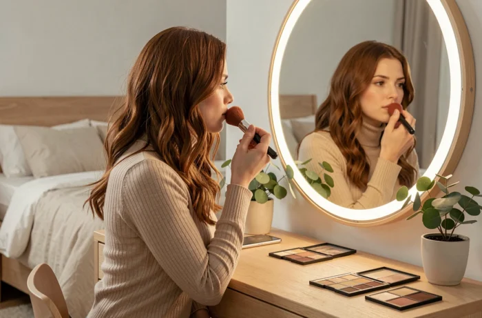 Jeune femme appliquant du blush à la coiffeuse dans une chambre scandinave, tendances maquillage naturel et routine beauté
