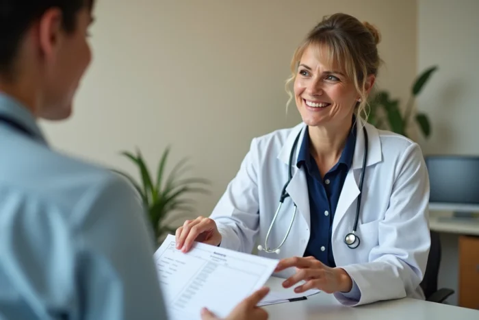 Médecin expliquant les résultats d'analyse de sang à un patient lors d'une consultation pour diagnostic de diabète