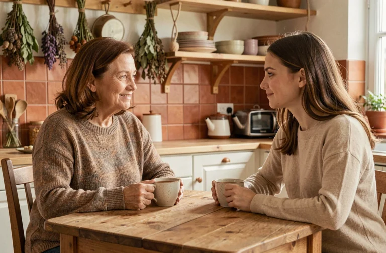 Mère et fille partageant un moment intime autour d'une tasse de thé dans une cuisine chaleureuse