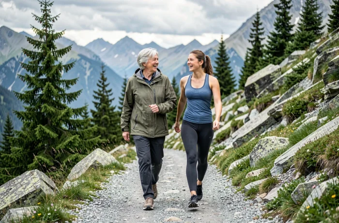Mère et fille marchant ensemble sur un sentier de montagne dans un cadre alpin naturel