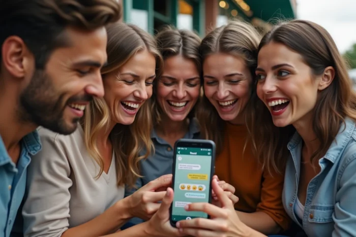Groupe de cinq amis riant ensemble en regardant un message WhatsApp collectif humoristique pour les vacances sur un smartphone