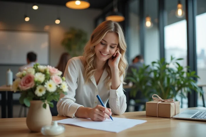 Femme concentrée écrivant avec soin une carte de reconnaissance professionnelle sincère à son bureau avec des fleurs