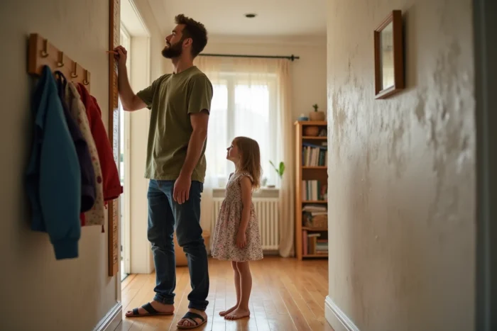 Père mesurant la taille de sa fille à la maison avec une règle de croissance en bois fixée au mur