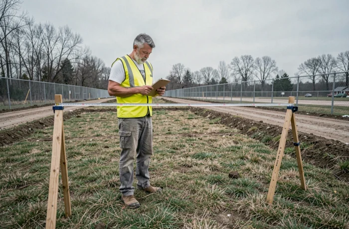 Homme mesurant un terrain extérieur irrégulier à 4 côtés avec un mètre ruban pour calculer la surface en m2