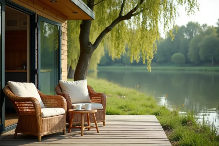 Mobil-home sur parcelle privée en bord de rivière en Vendée avec terrasse en bois et vue sur l'eau