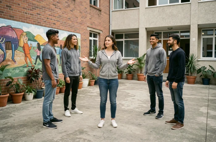 Monitrice éducatrice animant une activité de groupe en plein air dans la cour d'un établissement éducatif urbain