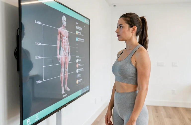 Femme analysant sa morphologie en 3D sur un écran numérique interactif avec ses mensurations corporelles affichées