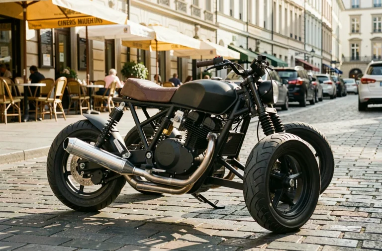 Moto à deux roues arrière garée sur une rue pavée urbaine, vue en angle 3/4 mettant en valeur l'essieu arrière double