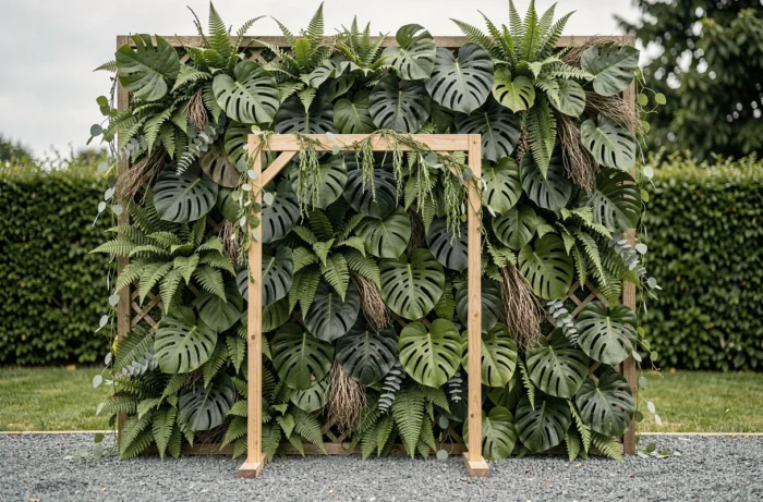 Mur végétal de mariage constitué de feuillage tropical dense — monsteras, fougères et eucalyptus — utilisé comme décor de cérémonie en extérieur
