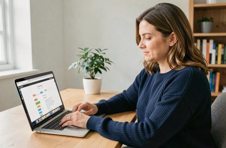 Femme naviguant facilement sur un plan de site web depuis un ordinateur portable dans un bureau à domicile
