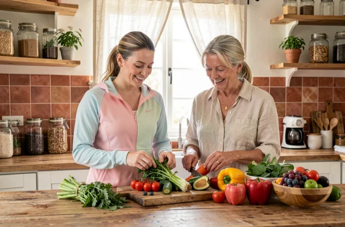 Deux femmes explorant des aliments sains et des superaliments dans une cuisine moderne lors d'un atelier nutrition bien-être