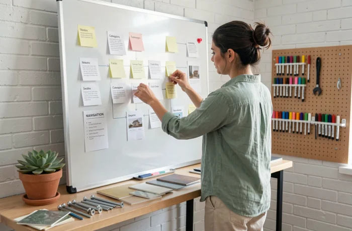 Femme organisant l'architecture de navigation d'un site web bricolage sur un tableau blanc avec des fiches et post-it dans un bureau à domicile