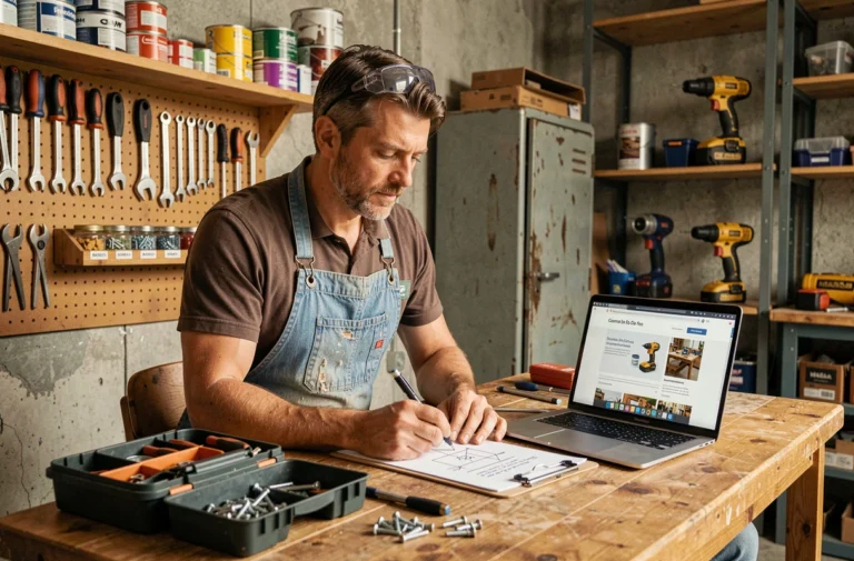 Homme bricoleur organisé dans son atelier consultant un plan de site web bricolage sur un ordinateur portable et un clipboard, entouré d'outils rangés sur un établi en bois