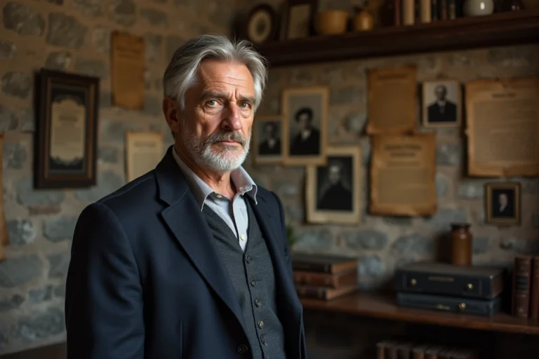 Homme d'origine est-européenne devant une collection de documents et portraits familiaux historiques, illustrant la recherche sur les origines et la généalogie de Vladimir Boudnikoff