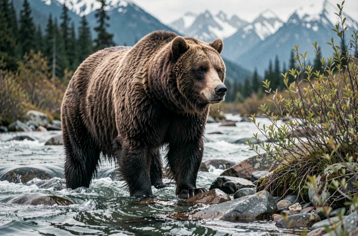 Ours Kodiak d'Alaska au bord d'une rivière à saumons montrant sa corpulence massive