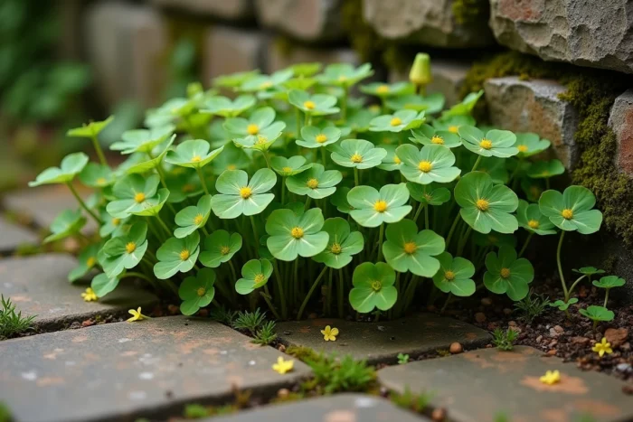 Massif d'oxalis envahissant poussant entre les pavés et au pied d'un mur de pierre dans un jardin
