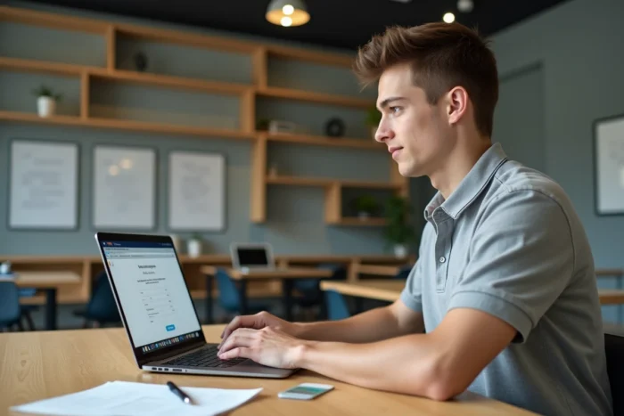 Jeune homme en alternance effectuant le paiement de la CVEC en ligne sur un portail étudiant