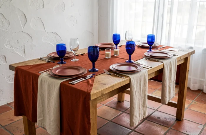 Table de mariage avec palette couleur saturée : vaisselle en céramique terracotta et verres cobalt posés sur une nappe ivoire neutre