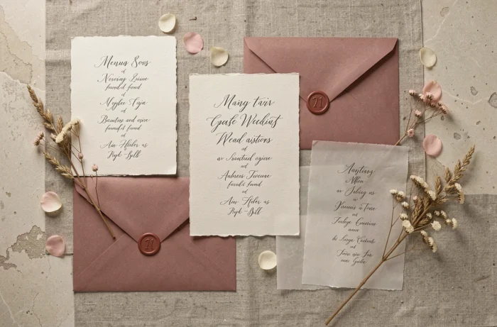 Papeterie artisanale de mariage vue de dessus : menus en papier coton avec calligraphie, enveloppes cachetées à la cire et cartons vellum