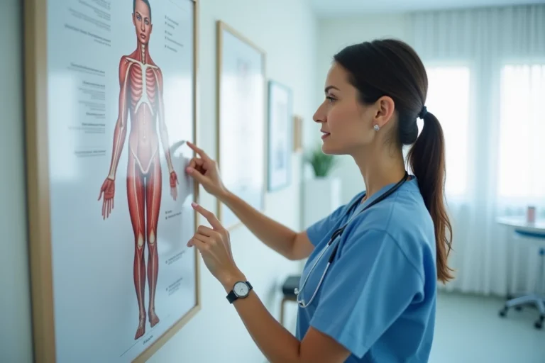 Professionnelle de santé expliquant les parties du corps humain sur un schéma anatomique en cabinet médical