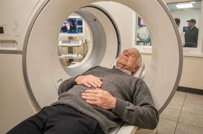 Homme âgé allongé sereinement dans un appareil IRM ouvert, illustrant le confort d'une imagerie adaptée aux patients claustrophobes