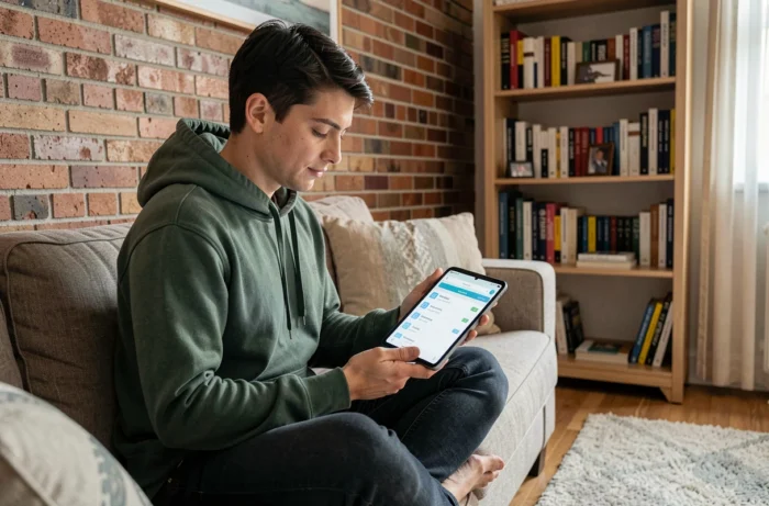 Personne consultant une liste de bonnes pratiques de sécurité Gadrov sur une tablette dans un appartement en 2026