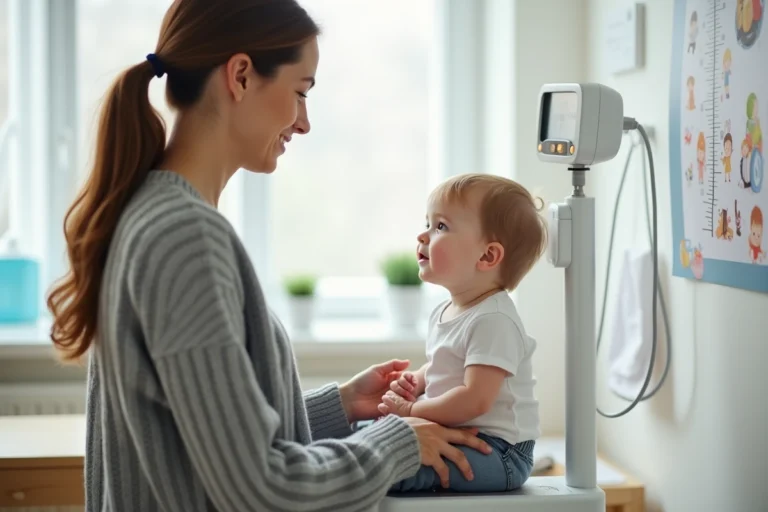 Pédiatre pesant un jeune enfant sur une balance médicale lors d'une consultation de croissance