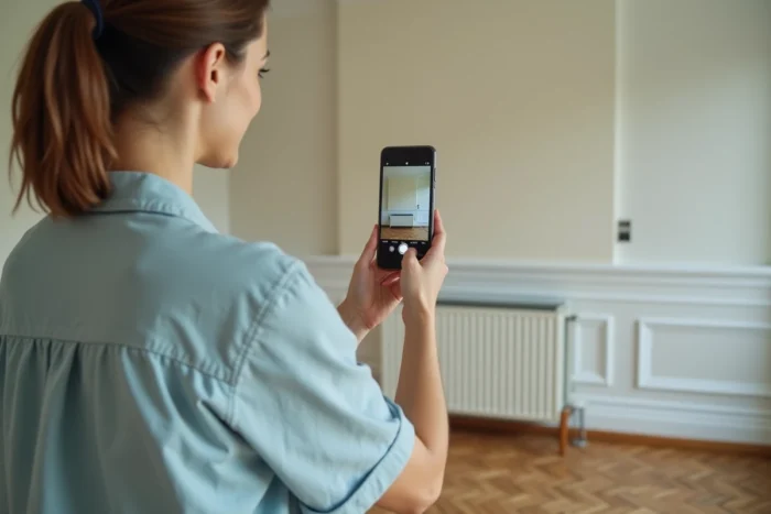 Femme photographiant chaque pièce de son appartement avant de commencer à emballer les cartons pour le déménagement