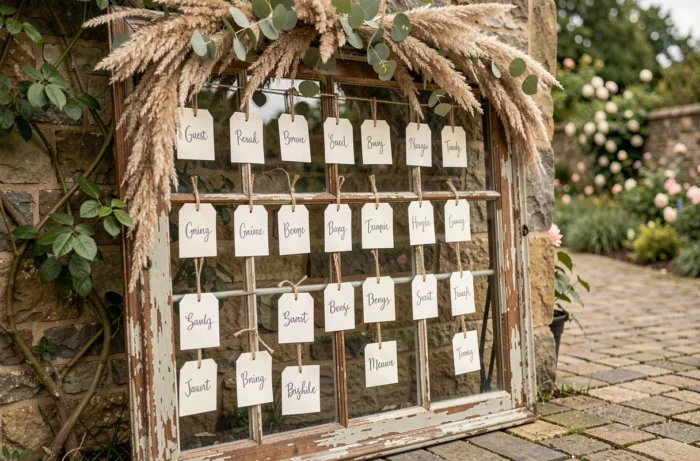 Plan de table de mariage sur un ancien cadre de fenêtre en bois recyclé, avec des étiquettes calligraphiées et une guirlande de pampa séchée