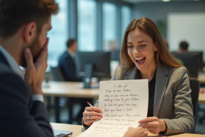 Femme déclamant avec dramatisme un poème de bureau en quatre vers à un collègue hilare dans un bureau en open space