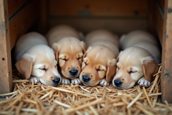 Portée de chiots Golden Retriever pelotonnés dans une boîte de mise bas en bois dans une grange en pierre de Bourgogne