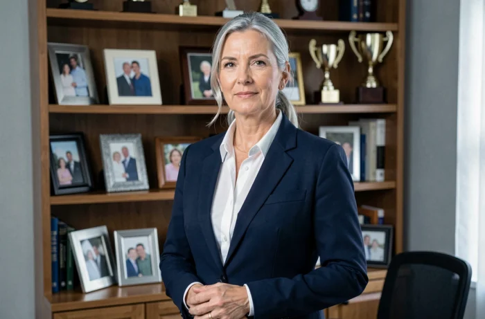 Portrait d'une mère fière devant une étagère familiale remplie de souvenirs et trophées sportifs