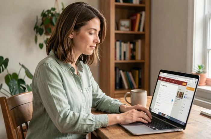 Femme utilisant un ordinateur portable pour contacter un centre de bien-être en ligne depuis son bureau à domicile