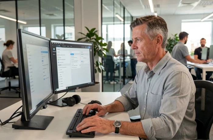 Professionnel configurant les paramètres de sécurité Gadrov sur un poste de travail dans un bureau moderne en 2026